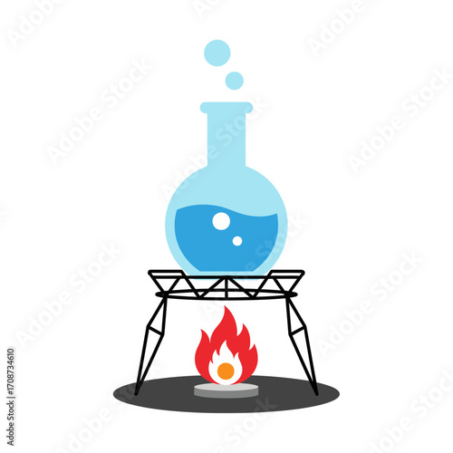 Round bottom flask with liquid on stand heated by flame illustration.
