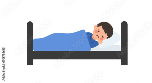 Cartoon Illustration of a Sleeping Boy in Bed, Covered with a Blue Blanket, and Dreaming