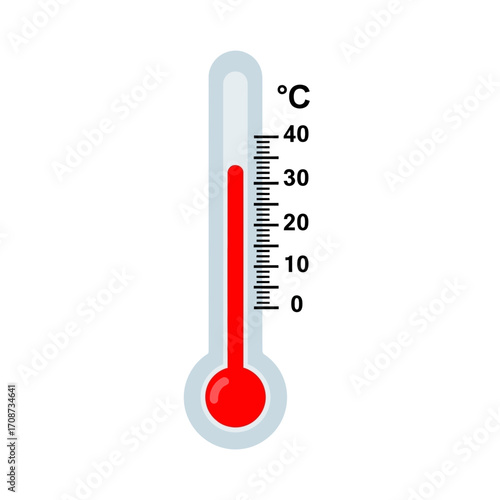 Thermometer showing a high temperature in celsius scale on a white background.