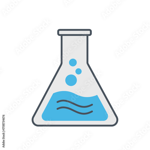 An illustration of a flask containing blue liquid with bubbles inside.