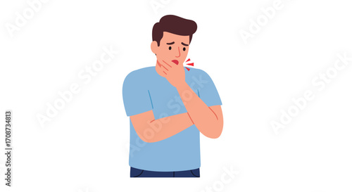 Man Experiencing Sore Throat Cartoon Illustration of Illness with Redness and Discomfort