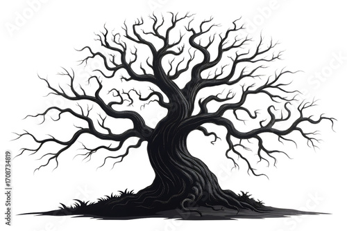 Intricate gnarled oak tree silhouette with detailed branches and roots isolated on transparent background