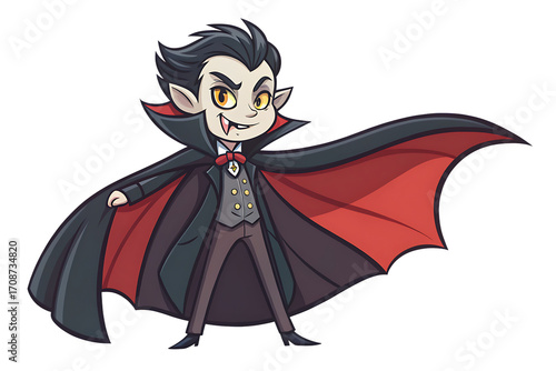 Cute chibi vampire character with flowing cape and fangs isolated on transparent background