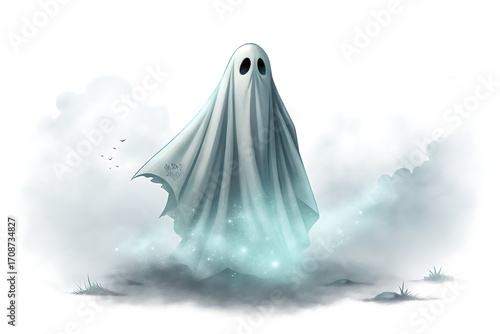 Ethereal white ghost costume with glowing blue mist and fluffy clouds isolated on transparent background