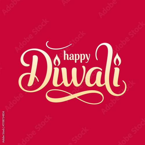 Happy Diwali script, elegant calligraphy swirl, cream lettering on red, festive luxury style, holiday greeting card, vector illustration