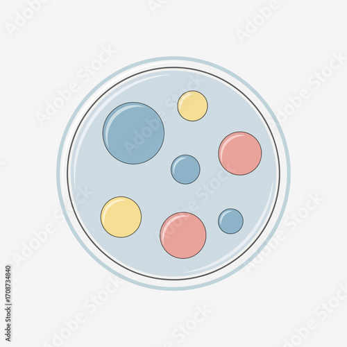 Round petri dish with colored circles representing bacterial colonies or cells.