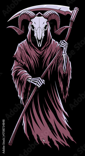 Grim Reaper with Ram Skull and Scythe Skeletal Hands Hooded Figure.