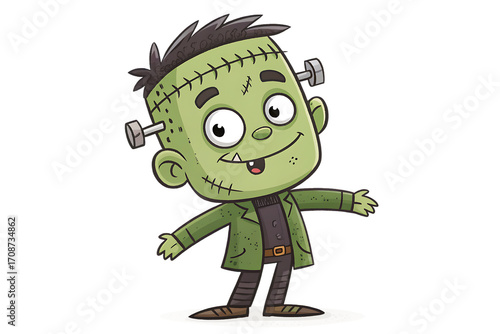 Cute cartoon frankenstein monster with stitches and bolts isolated on transparent background