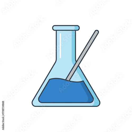 Conical flask with blue liquid and stirring rod illustration on white background.