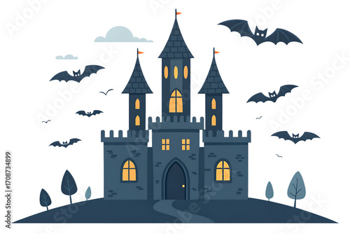 Spooky gothic castle with bat silhouettes and glowing windows on a transparent background isolated on transparent background