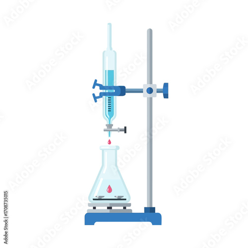 Laboratory setup with burette and flask containing liquid on a white background.