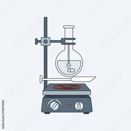 Flask with liquid on a magnetic stirrer in a laboratory setting.