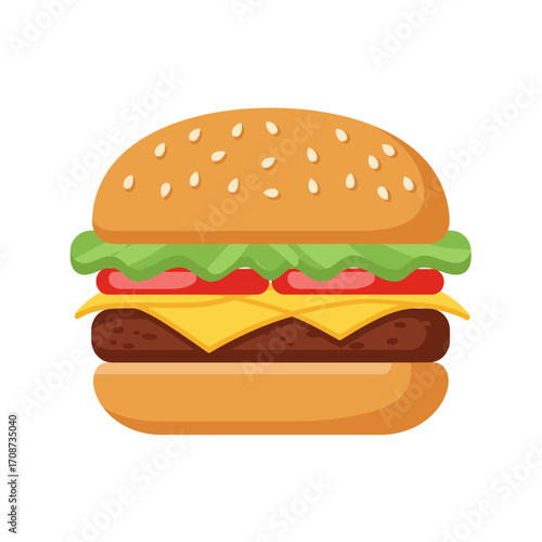 Delicious Burger Illustration with Sesame Seeds, Lettuce, Cheese, Tomato and Patty