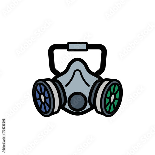 Gray gas mask with filters and black outline on a white background.