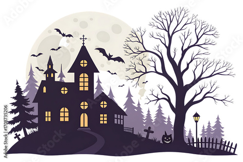 Spooky haunted mansion silhouetted against a large full moon with bats flying isolated on transparent background