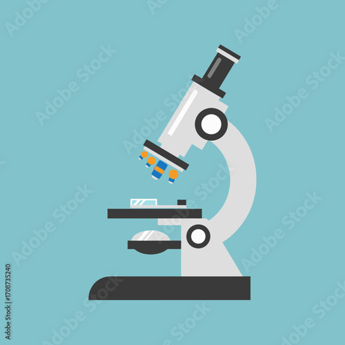 Illustration of a microscope in white gray and black against a blue background.
