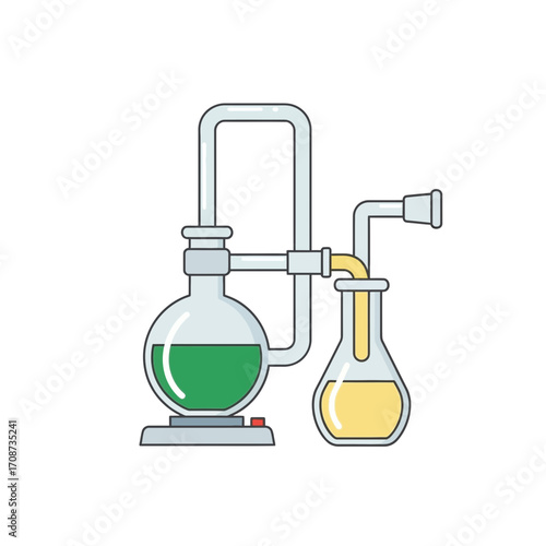Distillation apparatus with green and yellow liquids on a white background.