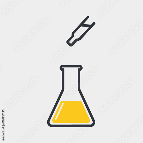 Pipette dropping liquid into a flask with yellow substance on a light background.
