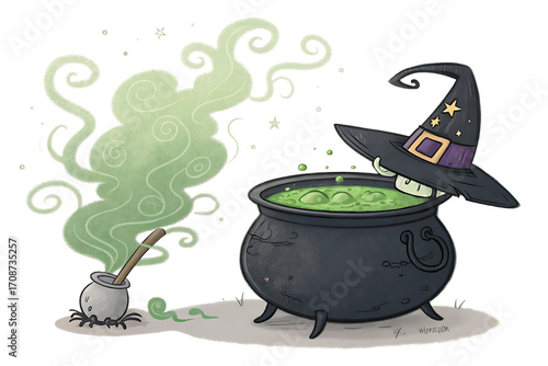 Whimsical witch s cauldron bubbling with green potion and spooky smoke isolated on transparent background