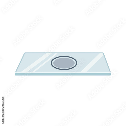 Microscope slide with sample in center on white background.