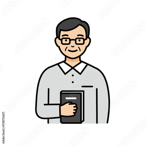 Elderly man wearing glasses and holding a book, illustration representing knowledge and education