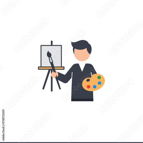 Modern Flat Design Icon of a Male Artist Painting on an Easel with Brush and Palette, Symbolizing Creative Artistry