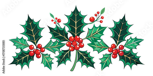 Horizontal Row of Holly Leaves and Red Berries Festive Christmas Decoration vector