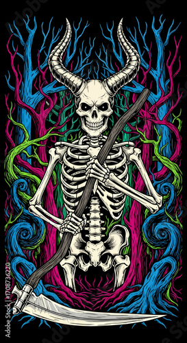 Horned Skeleton Grim Reaper with Scythe in Colorful Forest Illustration.