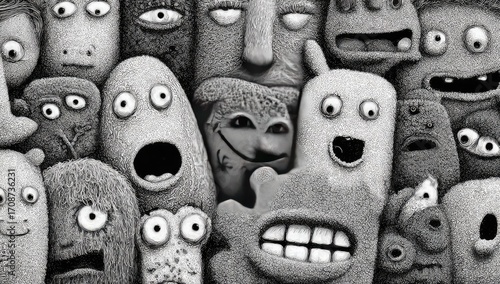 Crowd of expressive, clay-like creatures in grayscale