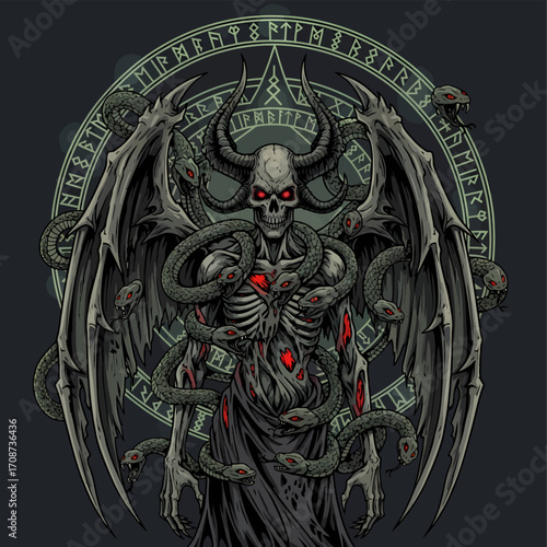 Horned Skeleton with Wings and Snakes in a Rune Circle Red Eyes.