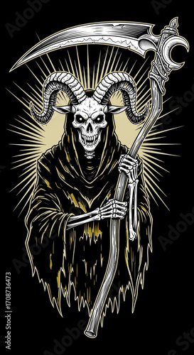 Horned Skull Grim Reaper with Ornate Scythe and Radiating Light.
