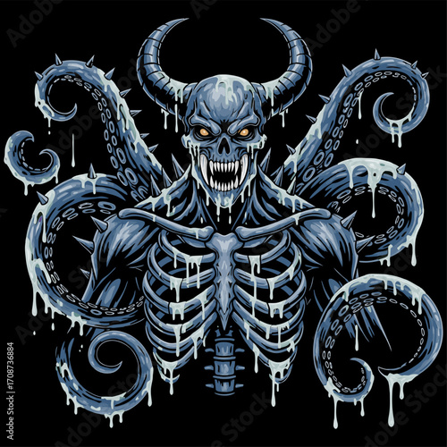 Horned SkullFaced Monster with Tentacles and Dripping Liquid Illustration.