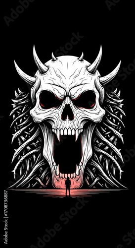 Horned Skull with Spiked Tendrils and a Lone Figure at its Base.