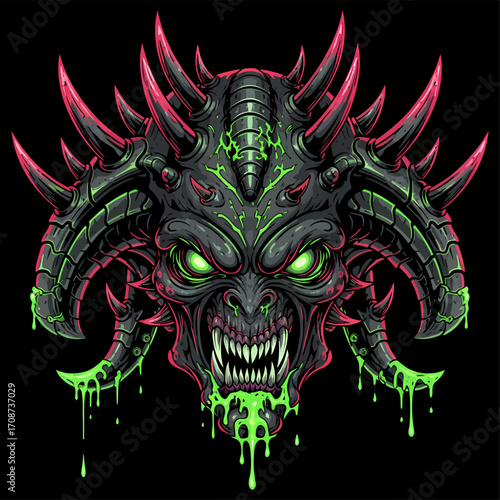 Menacing horned demon with glowing green eyes and dripping slime illustration.