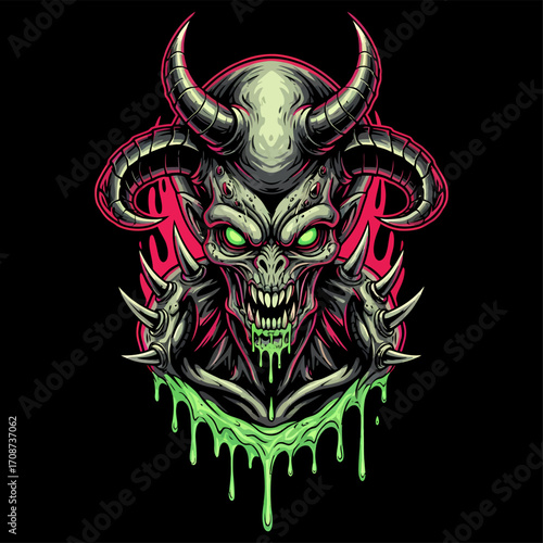 Menacing horned demon with glowing green eyes and dripping toxic slime.