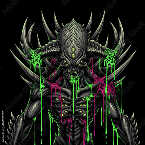Menacing MultiEyed Alien Creature with Dripping Slime and Spiked Shoulders.