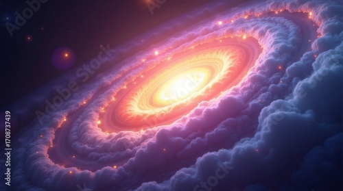 Galaxy formation takes place in space with bright colors and swirling clouds at night