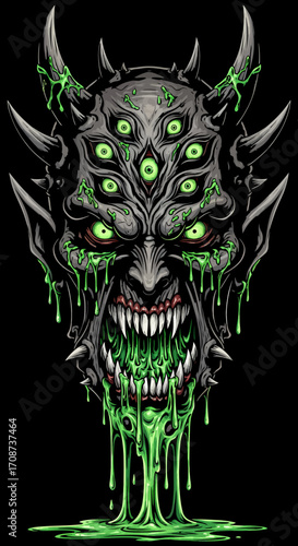 MultiEyed Horned Demon with Dripping Green Slime and Sharp Teeth.