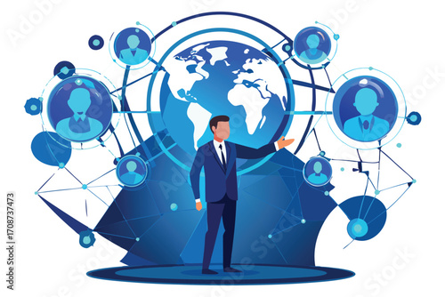 Man in suit gesturing towards a global network of people and connections Keywords: business, global, network, people