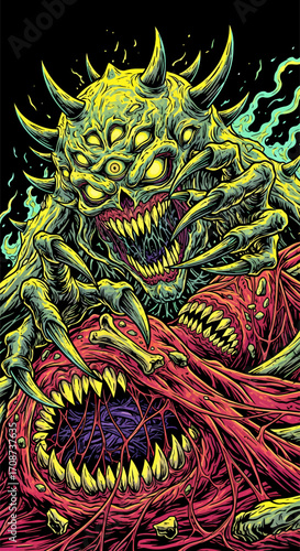 MultiEyed Horned Monster with Razor Claws Devouring a Red Veined Creature.