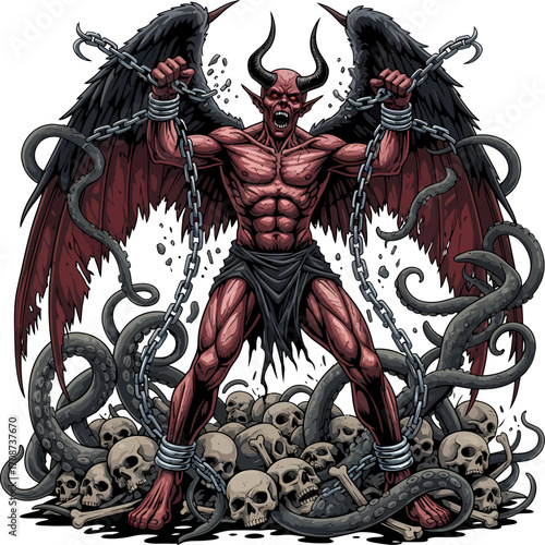 Muscular Demon with Chains Wings Tentacles and Skulls Illustration.