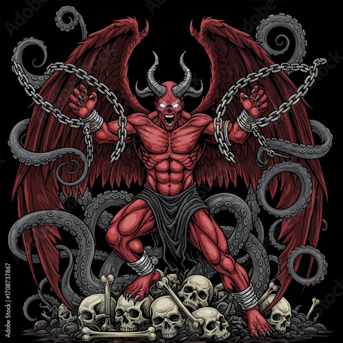 Muscular Red Devil with Wings Horns Chains Octopus Tentacles and Skulls.