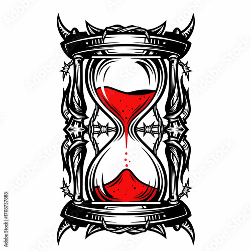 Ornate Hourglass with Barbed Wire and Horned Accents Filled with Red Liquid.