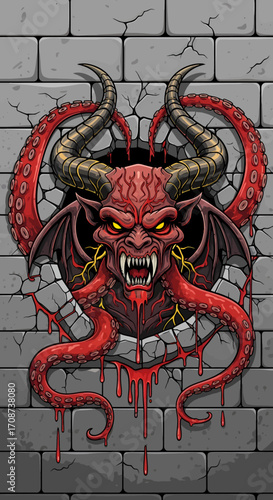 Red Devilish Creature with Tentacles Emerging from Cracked Brick Wall.