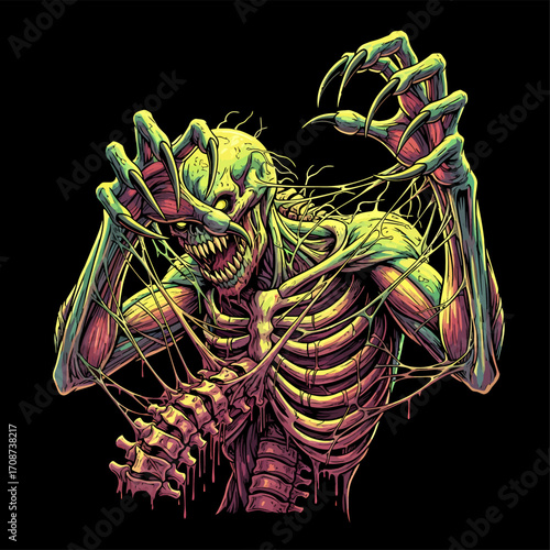 Sinister Undead Creature with Sharp Claws and Exposed Ribcage Illustration.
