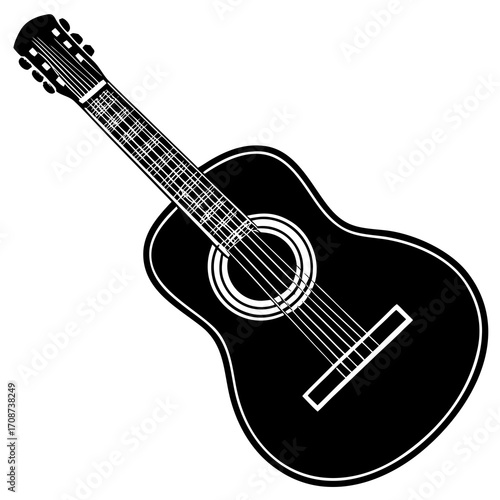 Black silhouette vector of acoustic guitar with bold sharp edges isolated on white background for logos tattoos and minimal branding,
Acoustic Guitar Silhouette,
Bold Guitar Vector,
Minimal Music Guit