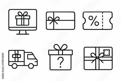 Set of 6 Minimalist Diverse Gift Icons, Flat Line Style, Unique Black Vector Illustrations, Digital Gift, Gift Card, E-Voucher, Delivery Box, Mystery Box, and Stamped Package