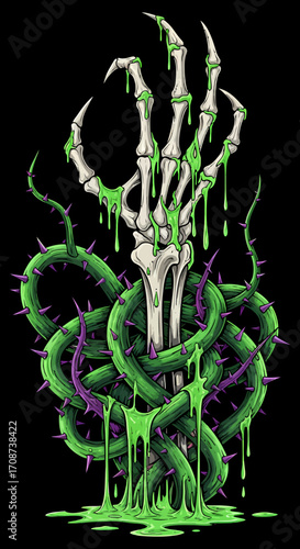 Skeletal Hand Entwined with Thorns and Oozing Green Slime Illustration.