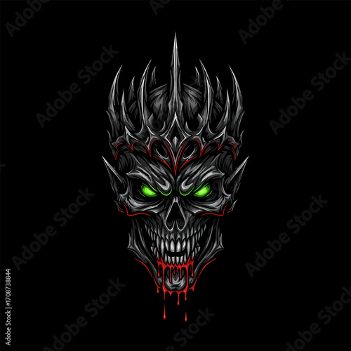 Spiked Crown Skull with Glowing Green Eyes and Dripping Blood Illustration.