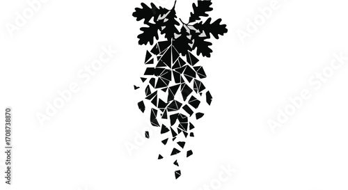 Oak leaves fragmenting into geometric shapes, symbolizing decay and transformation.